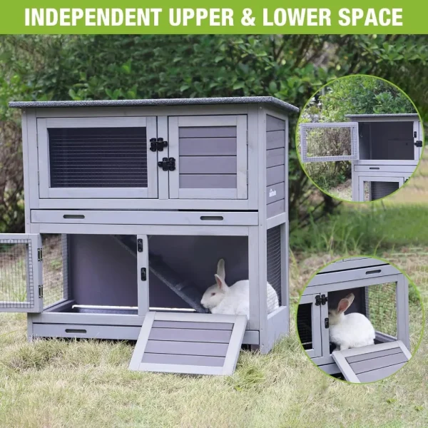 Rabbit Hutch Bunny Cage, Guinea Pig Cage Bunny Hutch Indoor, Wood Pet Cage with 4 Casters -2 Story & 2 Trays - Image 6