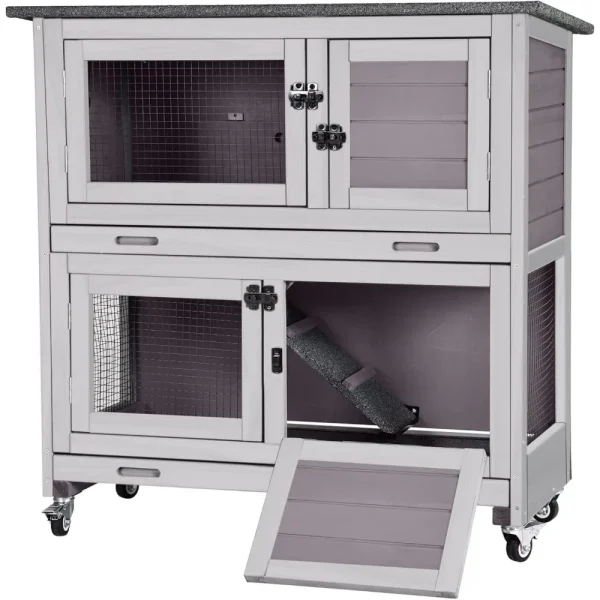Rabbit Hutch Bunny Cage, Guinea Pig Cage Bunny Hutch Indoor, Wood Pet Cage with 4 Casters -2 Story & 2 Trays - Image 2