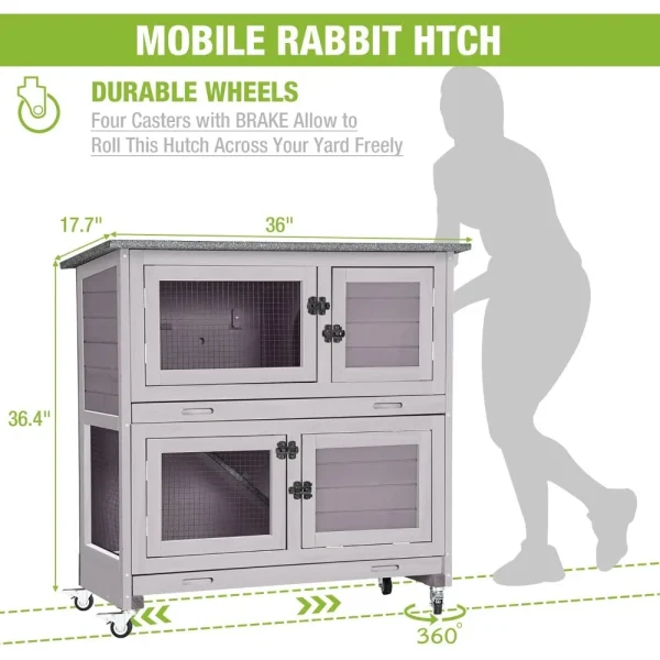 Rabbit Hutch Bunny Cage, Guinea Pig Cage Bunny Hutch Indoor, Wood Pet Cage with 4 Casters -2 Story & 2 Trays - Image 3
