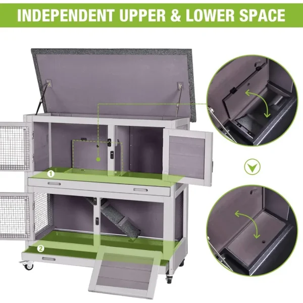 Rabbit Hutch Bunny Cage, Guinea Pig Cage Bunny Hutch Indoor, Wood Pet Cage with 4 Casters -2 Story & 2 Trays - Image 5